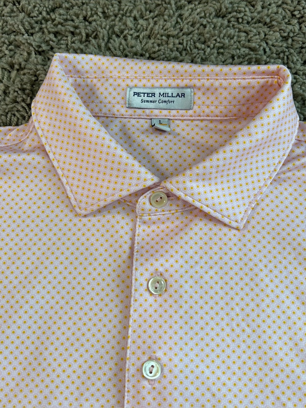 Peter Millar Polo Mens Large Circle Geo Summer Comfort Peach Palmer Orange Shirt